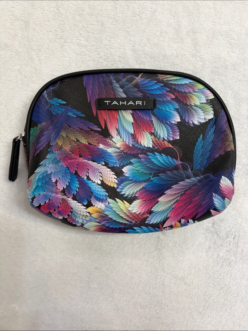 Tahari Black Cosmetic Pouch with Multicolor Feather Print